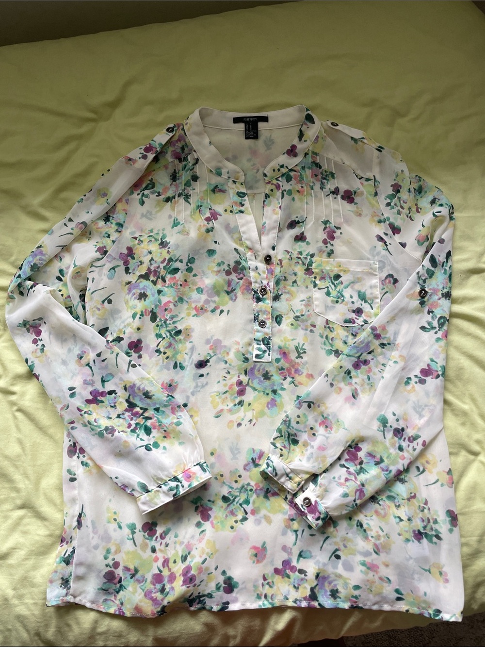 Forever 21 Sheer Cream Floral Long Sleeve Tuck-able Blouse